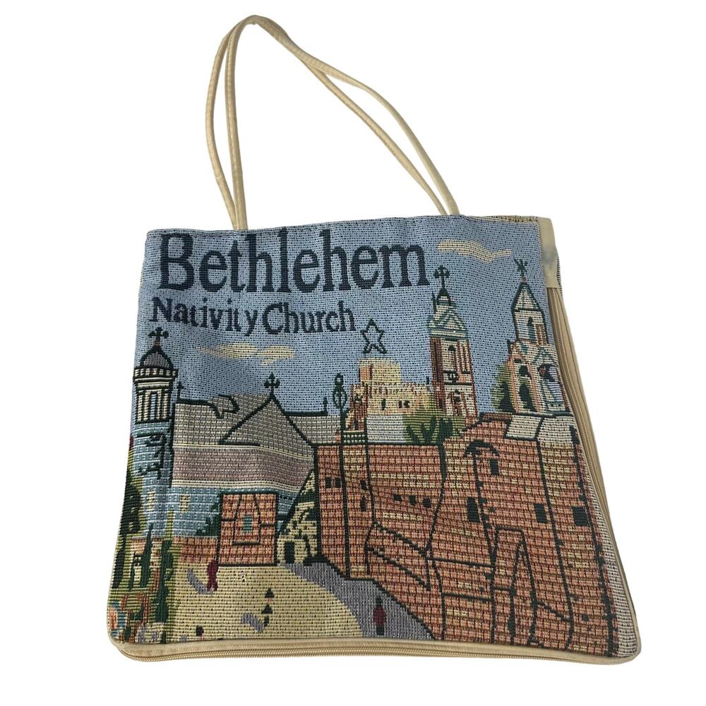 Bethlehem Holy Land Nativity Church Zip Closure Blue/Beige Shoulder Tote Bag